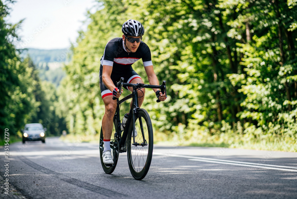 Fototapeta premium Male professional cyclist riding a road bicycle through a dense forest