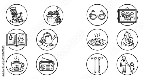 Senior Lifestyle Icons: Knitting, Reading, Tea, Family, Hobbies, Mobility Aids