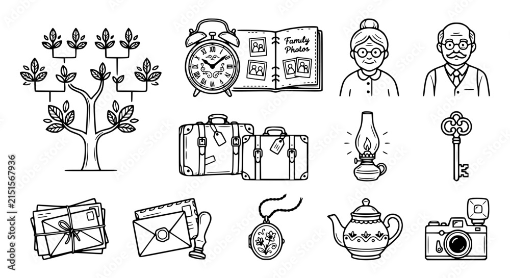 Fototapeta premium Family History Icons: Genealogy Tree, Photos, Elders, Travel, Memories, Antiques