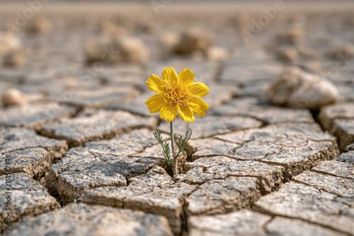 A small yellow flower blooms through cracked , symbolizing resilience in a drought-stricken landscape.