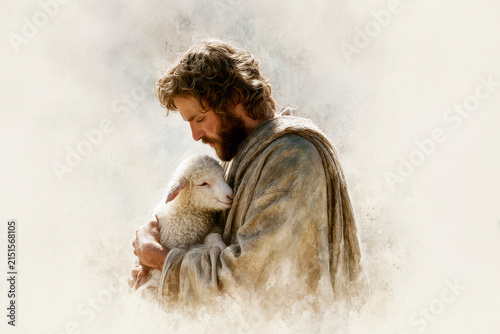 Jesus Christ holding a lamb in a serene landscape with soft lighting, showcasing detailed watercolor artistry and realistic style.
