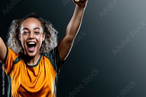 Tournament promotion banner template showing gorgeous girl expressing explosive excitement victory cheer holding up table tennis ball.