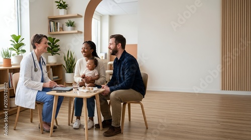 A friendly female doctor consulting with a young diverse couple and their baby in a bright modern clinic office.