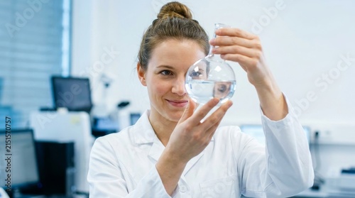 Female Scientist Holding Glass Flask for Research in Modern Laboratory