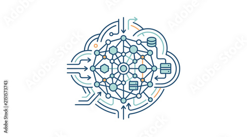 Complex Neural Network and Cloud Data Processing Illustration