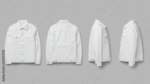 Men's White Denim Jacket Four Views Front Back Right Side Left Side Denim Texture Buttons Gray

