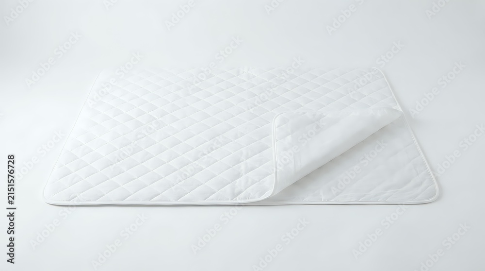 Fototapeta premium White quilted mattress pad with corner fold displayed on neutral background, suitable for bedding product photography, e-commerce, and home textile marketing.