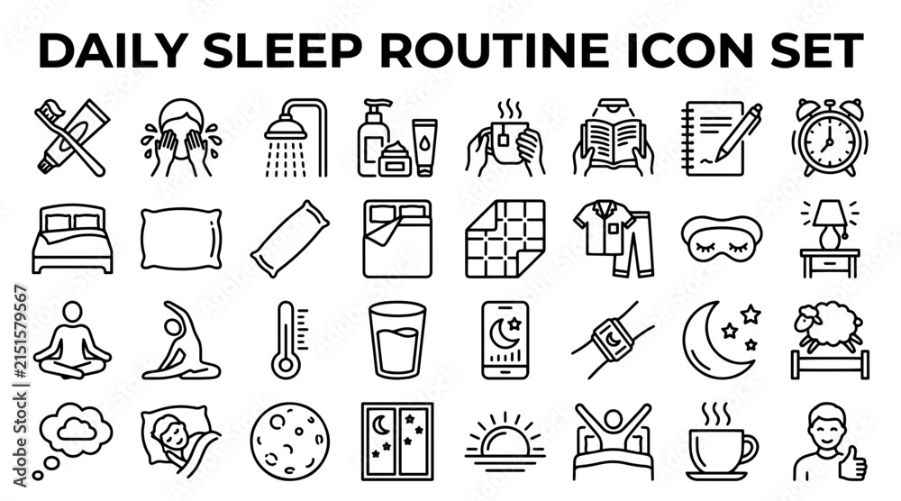 Fototapeta premium Daily sleep routine icon set. Bedtime habits and healthy night rest vector symbols.
