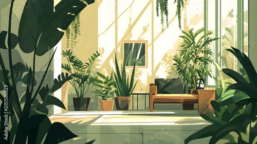 Sunlit Conservatory with Plants and Wooden Bench