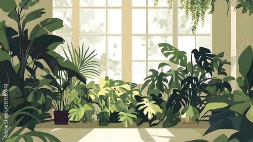 Sunlit Indoor Garden with Lush Tropical Plants