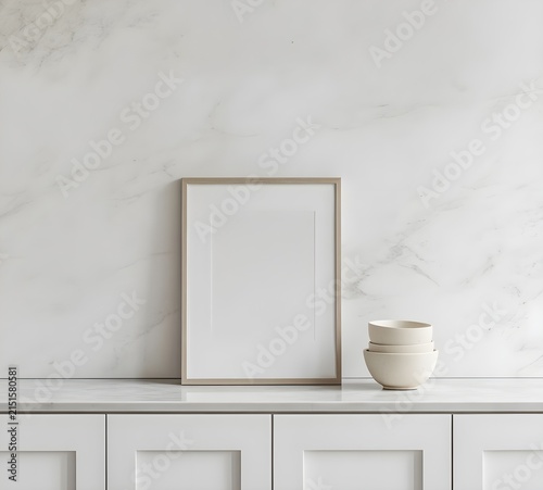 Minimalist Kitchen Mockup with Blank Frame and Ceramic Bowls