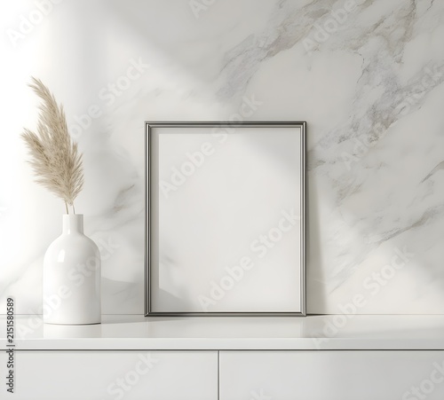 Minimalist Home Decor Mockup Blank Frame on White Marble Background
