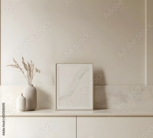 Minimalist Beige Home Decor Mockup with Frame and Vases