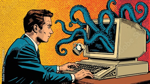 AI Generative. Businessman Working on Computer as Tentacles Bring Coffee Mugs Pop Art Illustration. 3