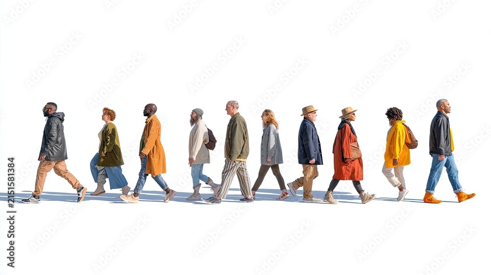 Fototapeta premium A diverse group of people walking together in a line on a white background