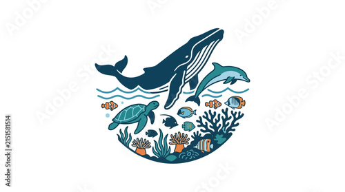 Whale swims with sea life in an ocean habitat to illustrate marine biodiversity.