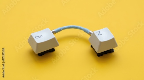 Two computer keyboard keys labeled ctrl and z connected by a blue cable, representing the undo function on a bright yellow background surface