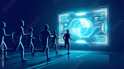 Runners sprint toward glowing futuristic digital interface