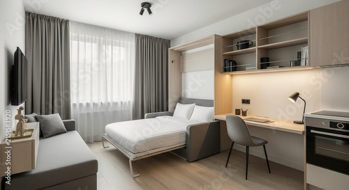 Modern compact studio apartment with a wall bed layout