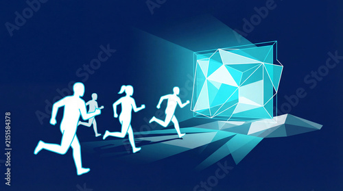 People run toward glowing digital cube on blue background