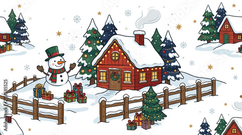 Charming Winter Cabin and Snowman Scene