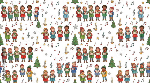 Children singing carols, festive holiday pattern