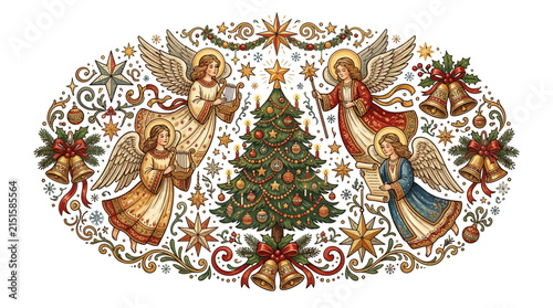 Christmas Angels and Tree Illustration