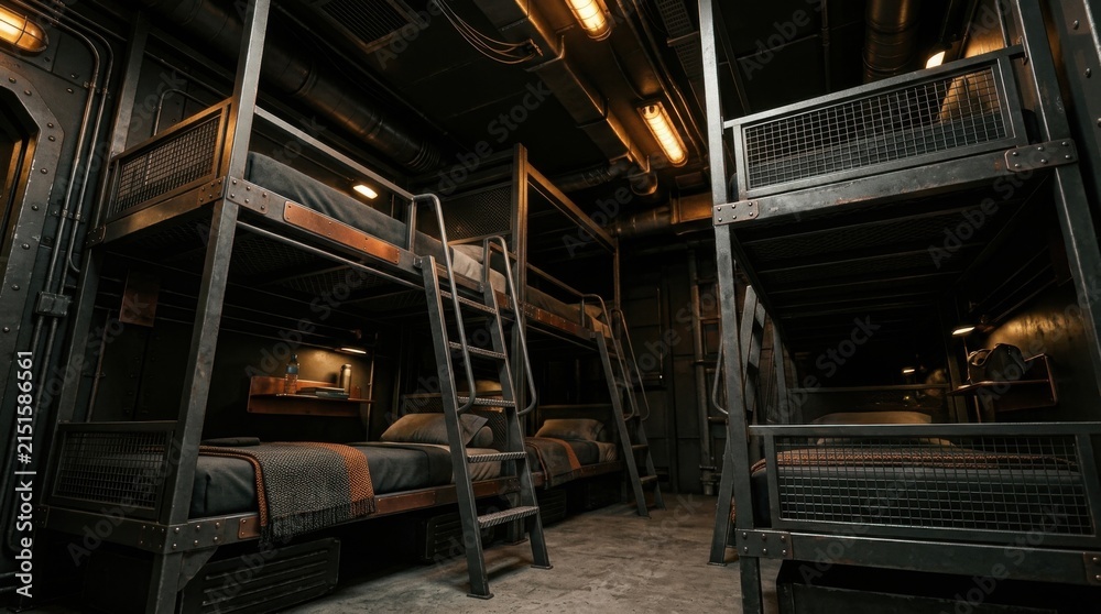 Fototapeta premium Grim Barracks Interior Scene With Metal Bunk Beds And Industrial Lighting