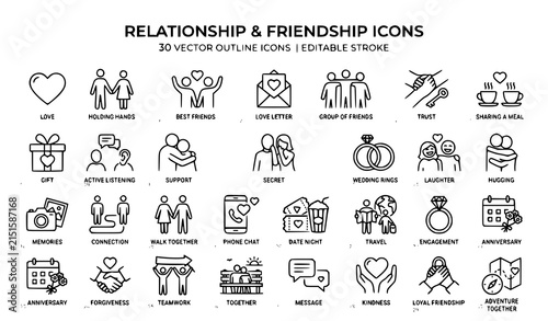 Relationship And Friendship Outline Icon Set With Heart, Couple, Wedding, And Love Symbols, Editable Stroke Vector Illustration Collection
