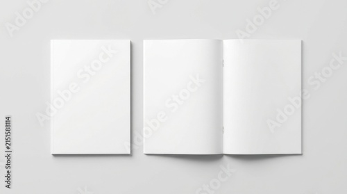 Blank booklet or magazine mockup featuring a closed front cover next to an open center spread with white paper pages for editorial layout design and portfolio branding presentations.