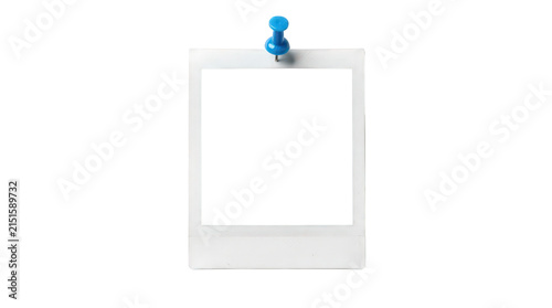 Vintage instant photo frame with blue push pin, blank polaroid film mockup for photography, retro white paper border for memory isolated on Transparent Background
