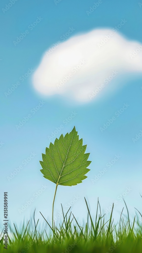 Obraz premium Minimalist green leaf in grass, soft sky cloud, mobile wallpaper