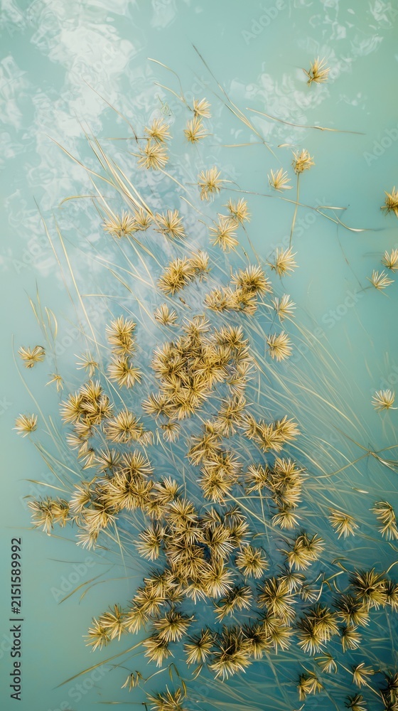 Fototapeta premium Abstract botanical mobile wallpaper with golden seed heads on teal