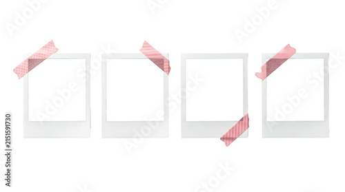 Vintage instant photo frames with pink washi tape, set of four blank polaroid style film borders, nostalgic memory scrapbook elements isolated on Transparent Background