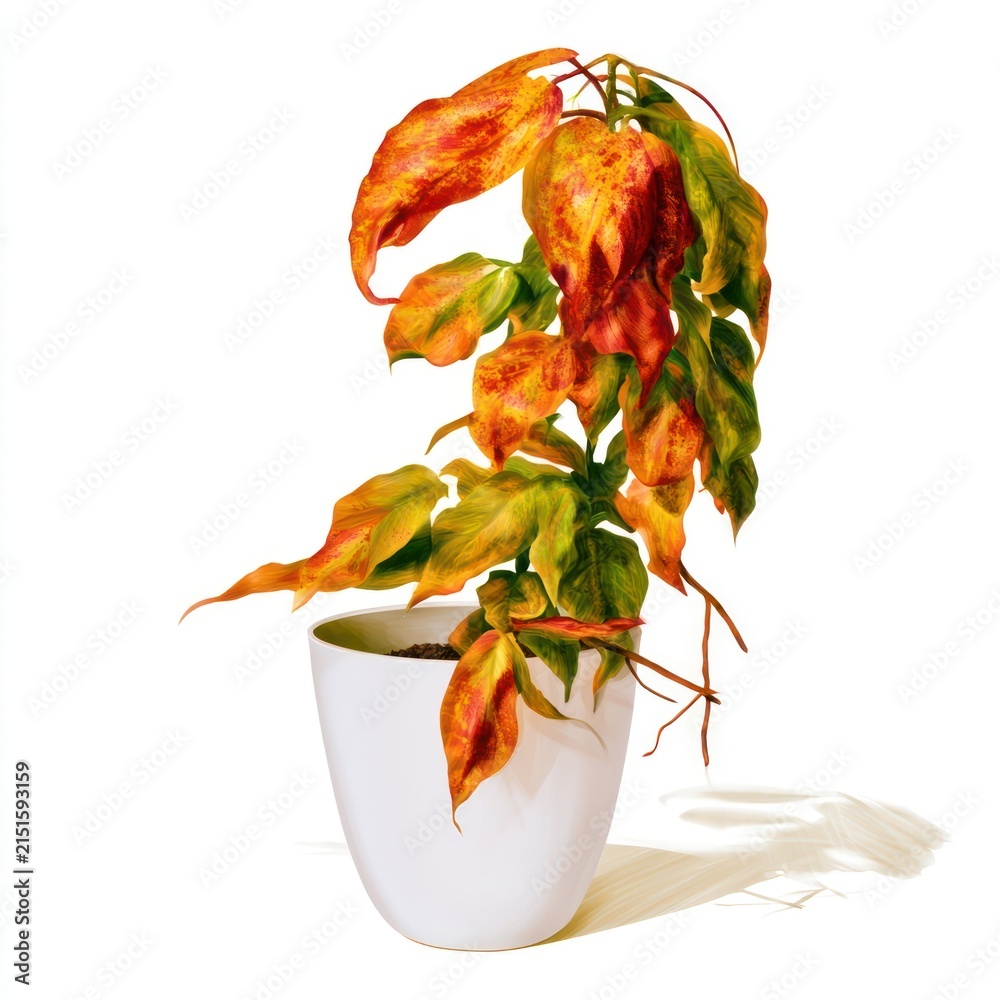 Obraz premium Colorful potted houseplant with wilted autumn leaves on white