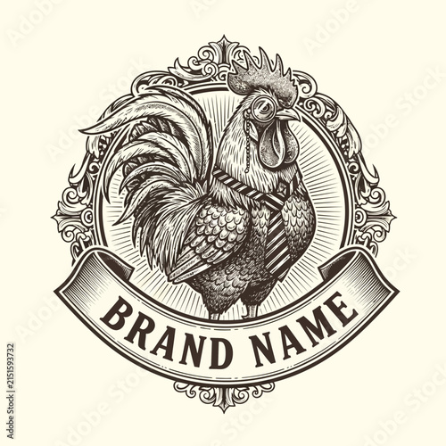 Rooster sporting a formal necktie and glasses sits framed by an ornate decorative border, creating a distinguished and bold visual identity perfect for upscale agricultural or gourmet food branding.
