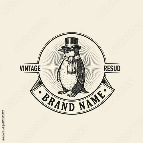 Penguin dressed in a dapper top hat and scarf stands centered within a circular frame, embodying a whimsical yet refined brand identity suitable for premium products or sophisticated marketing.