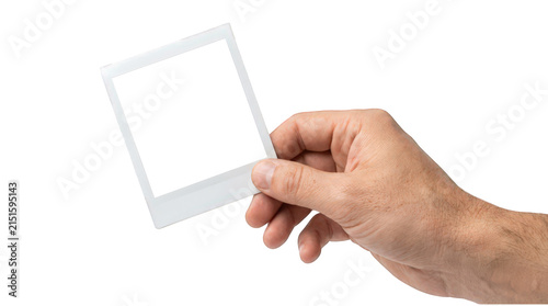 Vintage instant photo frame held by hand, blank polaroid style film mockup, retro photography aesthetic for memory and nostalgia isolated on Transparent Background