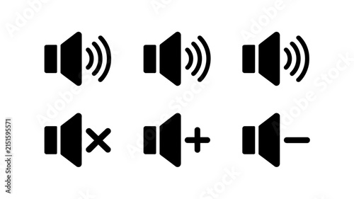 Speakers illustrate volume control settings including mute, increase, decrease, and standard audio amplification options for user interface design, digital media players, and software applications.