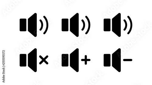 Speaker symbols represent audio volume levels including mute and adjustment controls for digital user interfaces displayed in a clean monochromatic graphic set for modern application design.