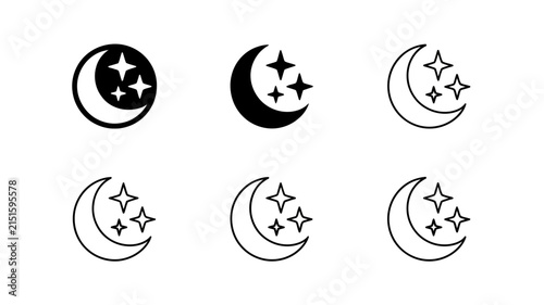 Moon icons feature a crescent moon paired with three sparkling stars presented in a grid of six distinct graphic styles for versatile digital design usage.