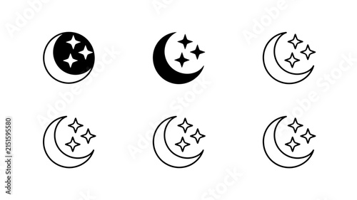 Moon icons illustrate a collection of six variations featuring a crescent shape and star accents arranged in a systematic grid layout for interface designers.