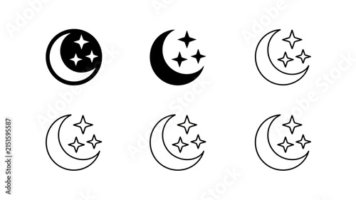 Moon icons display a crescent shape with stars in various stylistic variations including solid, outlined, and negative space designs for user interface applications.