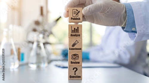 Scientist stacking wooden blocks representing the scientific method: question, review, experiment, analyze, and publish.