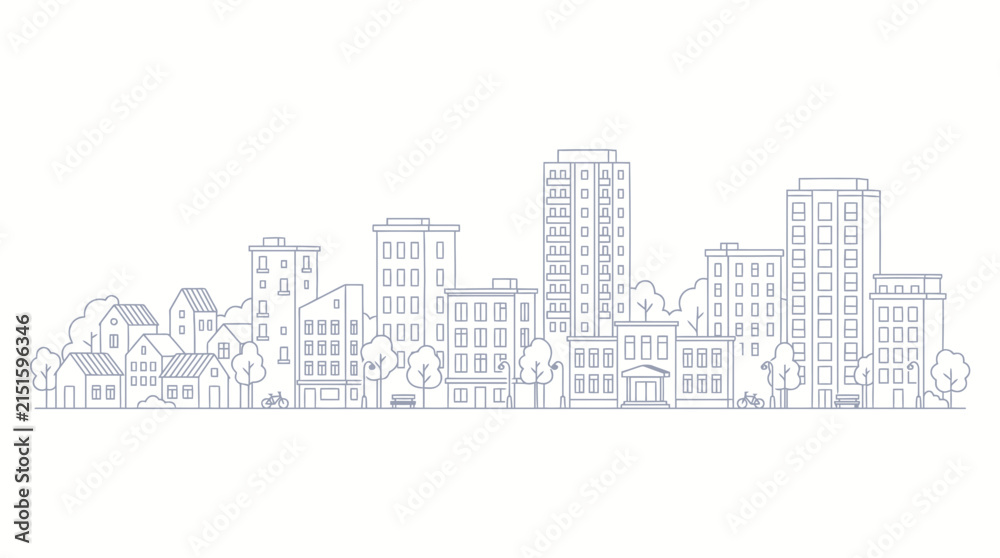 Obraz premium Urban Landscape Vector Line Art Panorama with Buildings and Trees