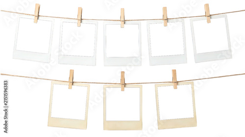 Vintage instant photo frames hanging on clothesline, blank polaroid film collection with wooden pegs, nostalgic photography display isolated on Transparent Background