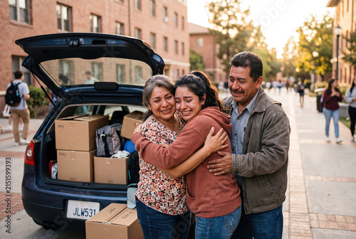 First-Generation College Student Hugging Parents Beside Packed Car on Dorm Move-In Day, Emotional University Goodbye