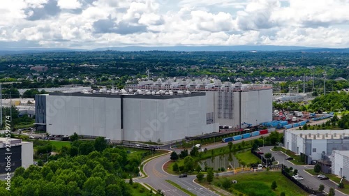 Aerial view of a large modern data center building