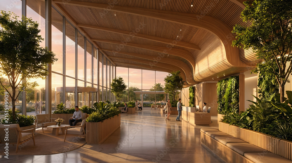 Fototapeta premium Biophilic Luxury Lobby with Sculptural Wooden Ceiling and Indoor Planting