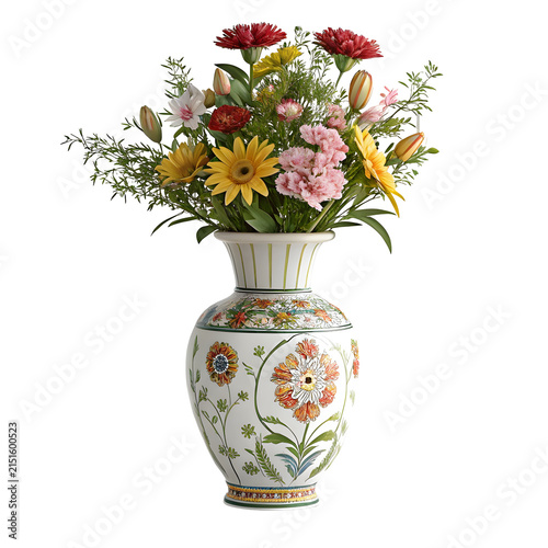 Assorted colorful flowers arranged in a decorative ceramic vase with floral motifs during daylight